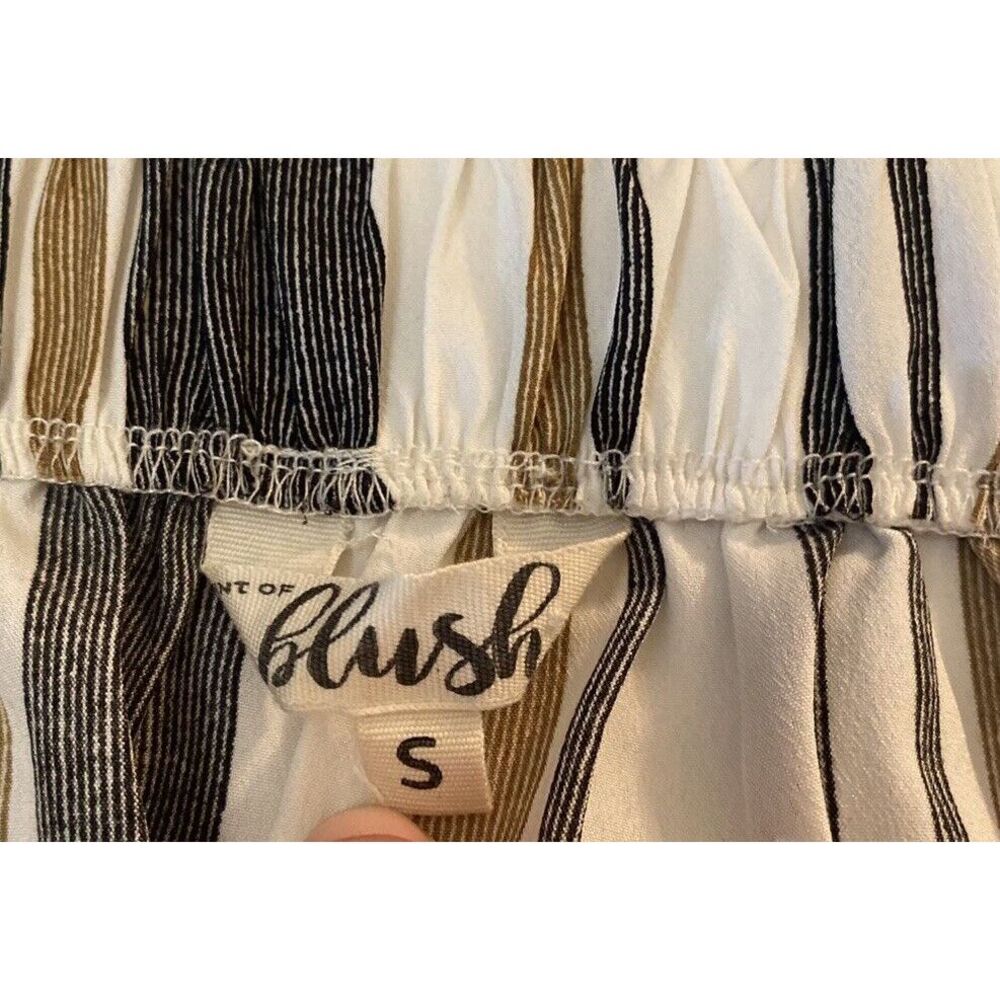 Blush Off The Shoulder Mini Dress Womens Size S Striped Black White Tan Neutral - Picture 3 of 6